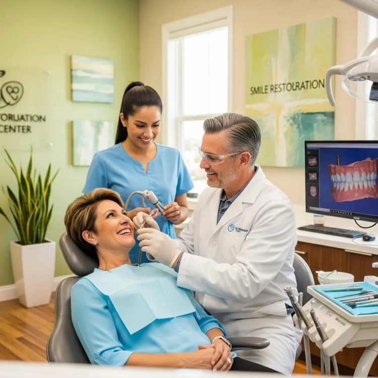 Dental clinic scene with a smiling patient receiving care, highlighting the theme of dental implants