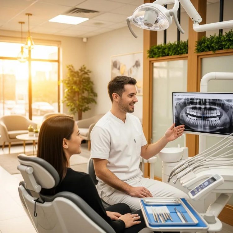 Dental consultation in a modern clinic with a smiling patient and dentist