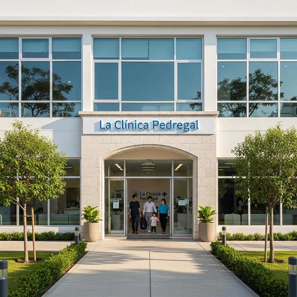 Exterior view of La Cl&iacute;nica Pedregal, showcasing a welcoming entrance and modern architecture