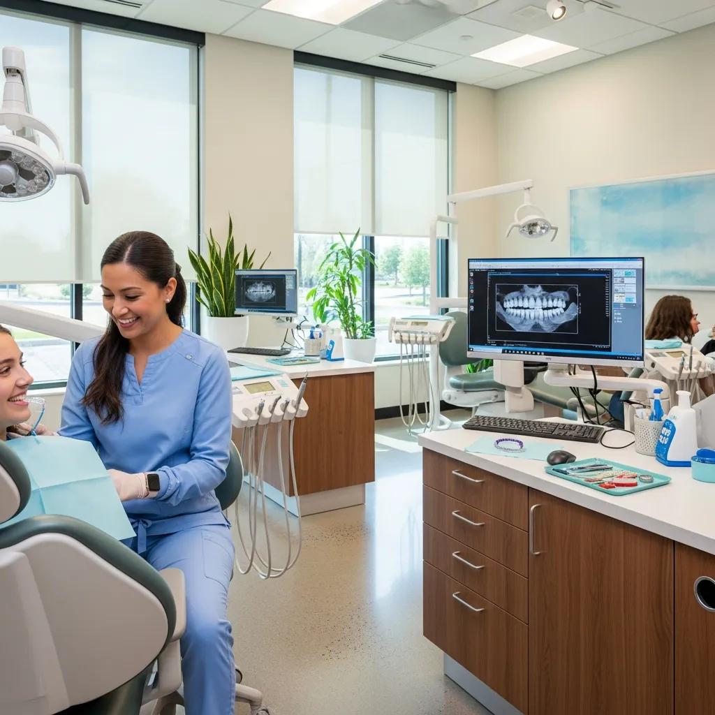 Modern dental clinic interior with orthodontist and patient, highlighting orthodontic treatments