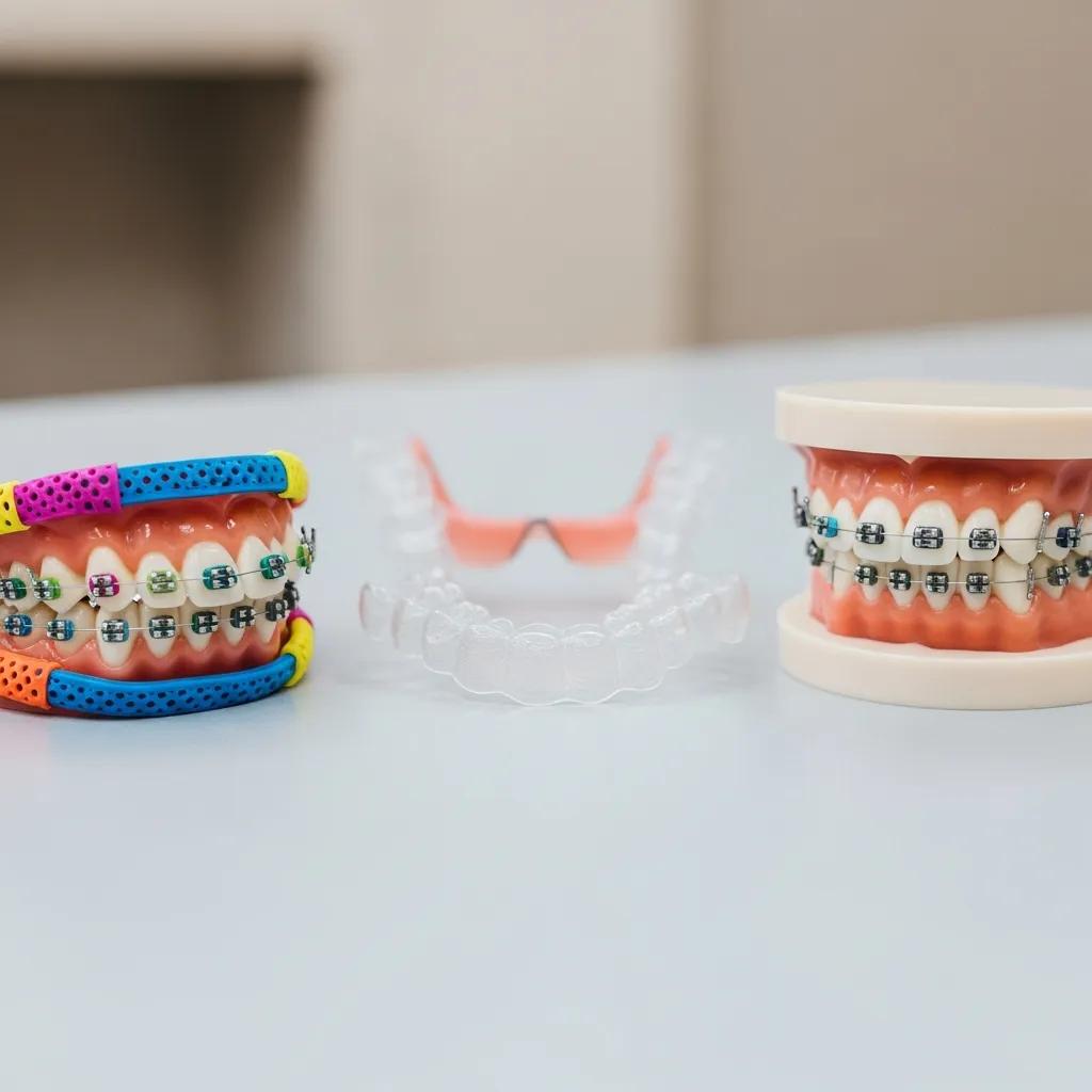 Variety of orthodontic appliances including metal braces, clear aligners, and ceramic braces